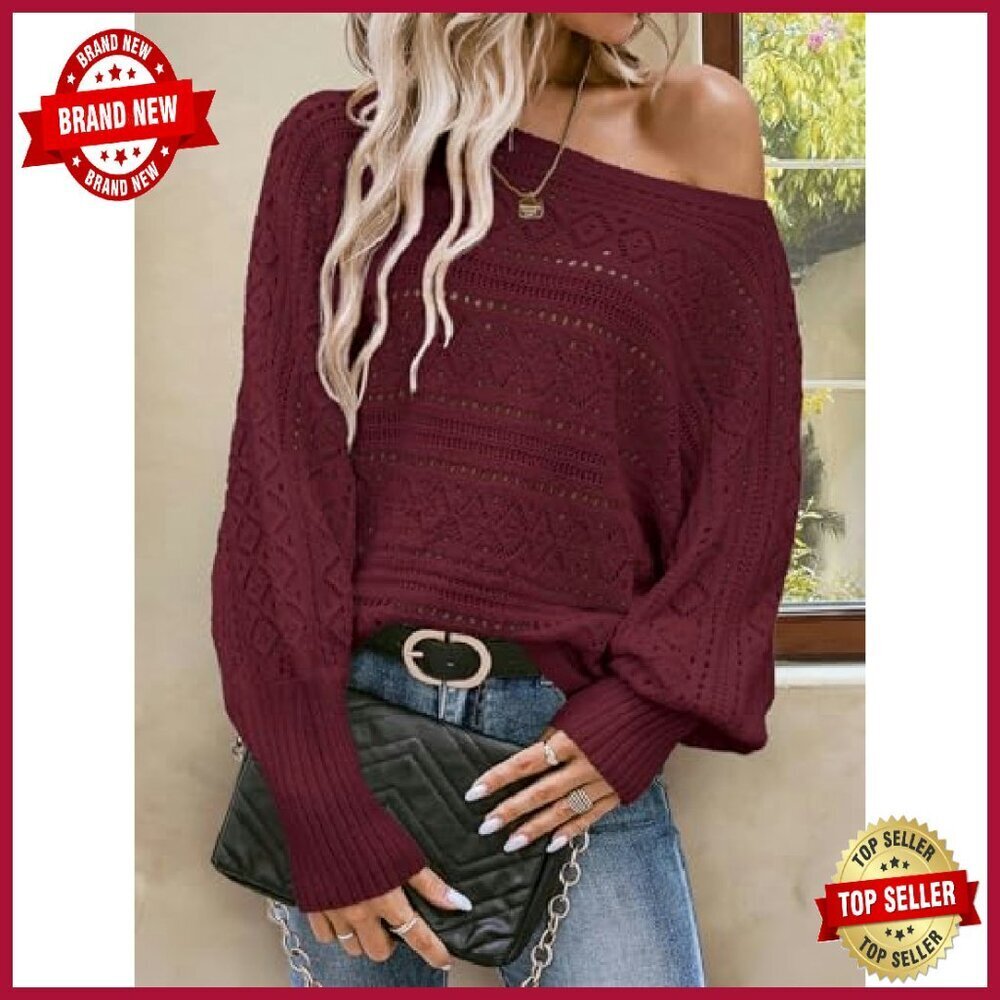 Oversized Crochet Sweater Off Shoulder Dolman Sleeve Lightweight Pullover - Picture 5 of 8